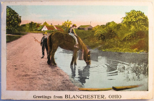 Greetings From Blanchester Postcard. Horse and Rider.