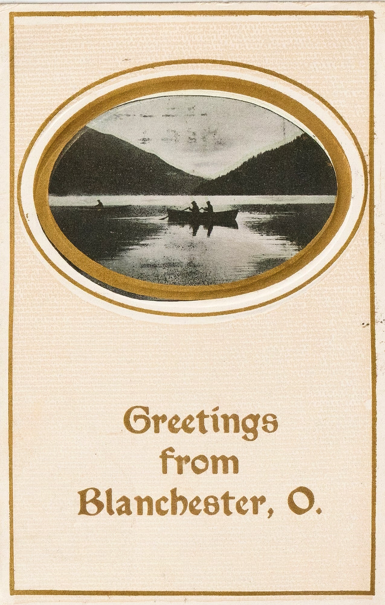 Greetings From Blanchester Postcard. Canoe On Lake.