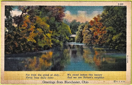 Greetings From Blanchester Postcard. Trees And Lake.