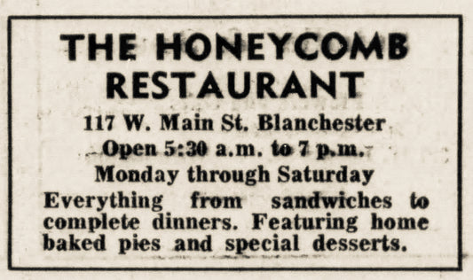 1966. Honeycomb Restaurant ad. Blanchester.