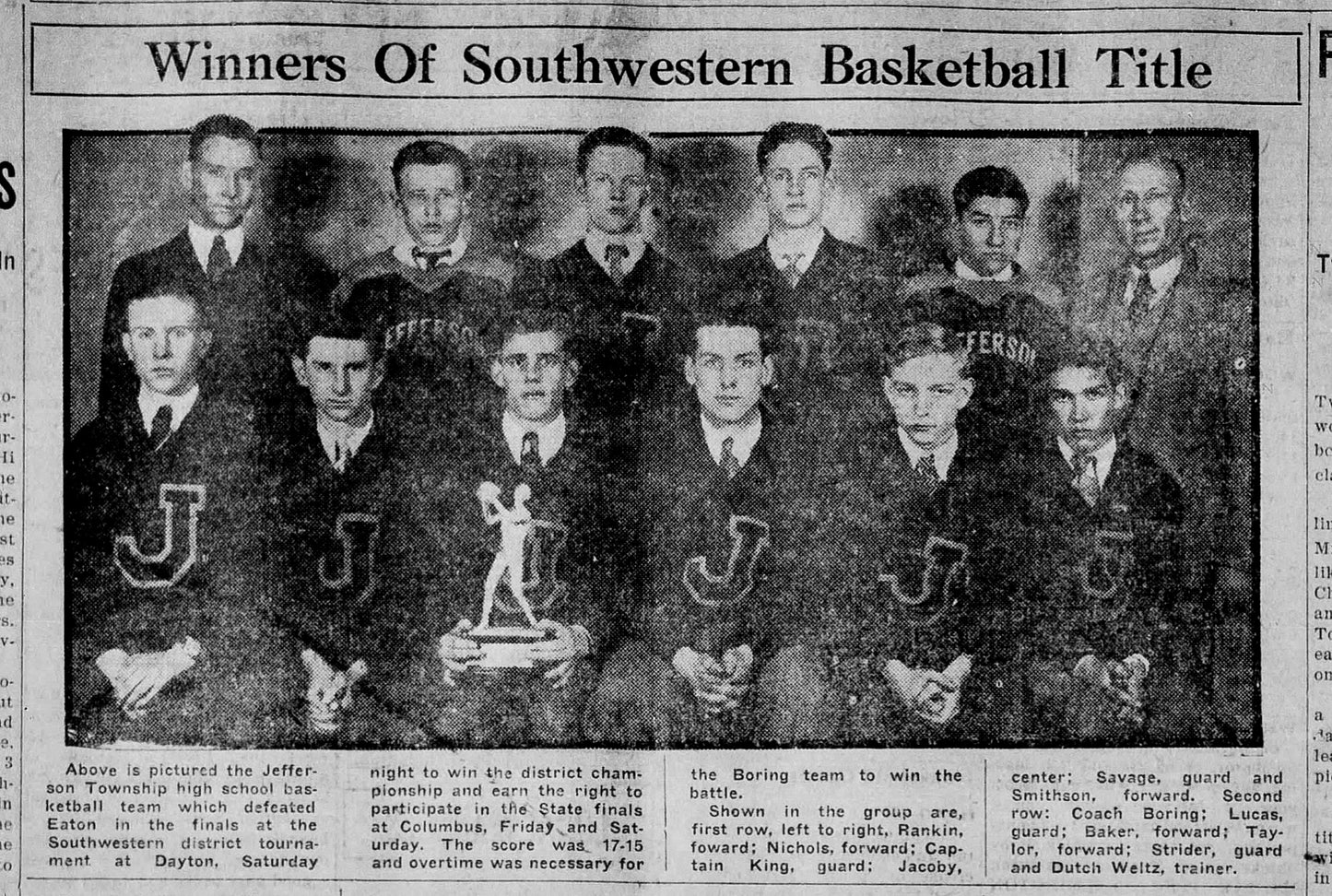 1930. Jefferson High School Basketball Team. District Champs.