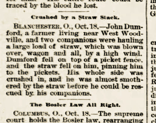1894. John Dumford Crushed By Straw Stack in West Woodville.