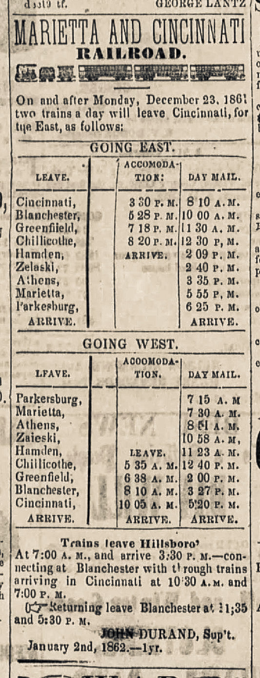 1862. Marietta & Cincinnati Railroad schedule.