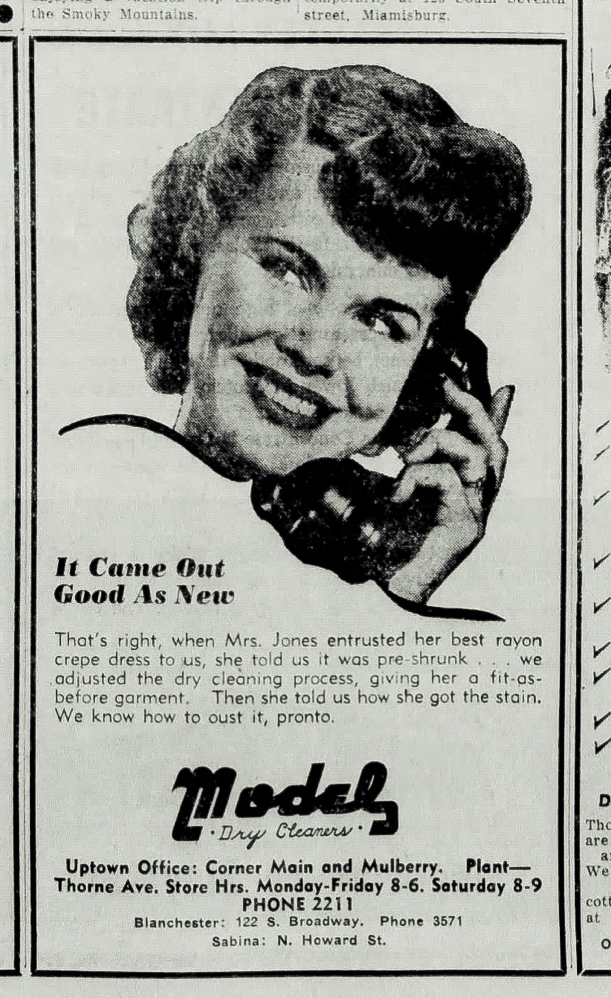 1947. Model Dry Cleaners ad.