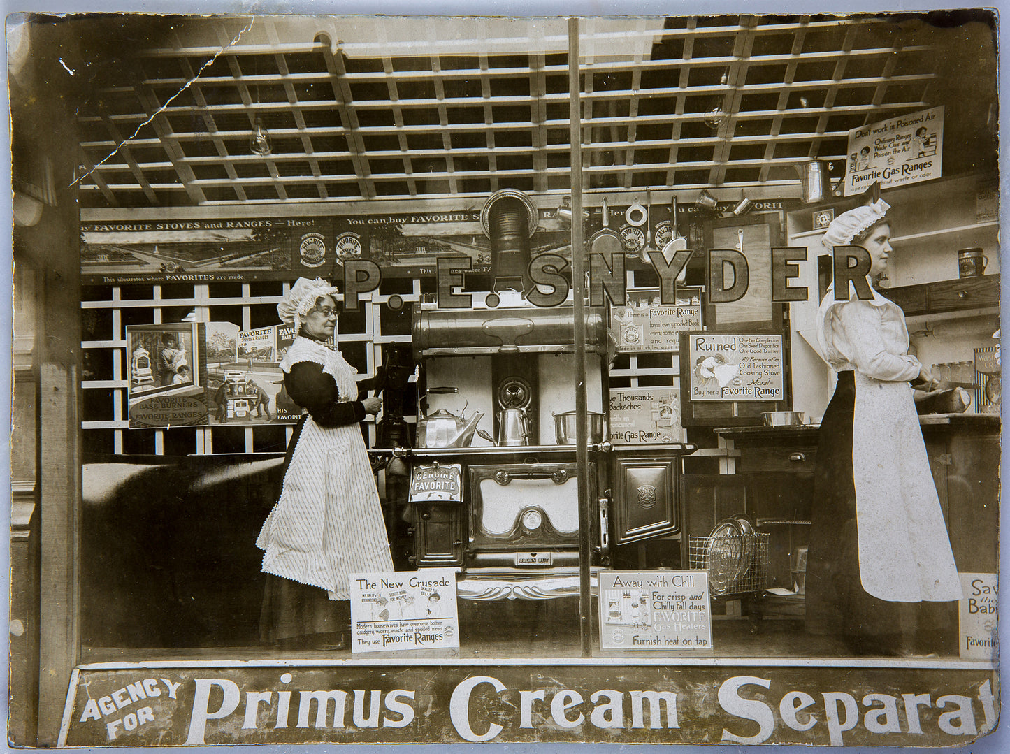 Pre 1925. P.E. Snyder Hardware kitchen range display.