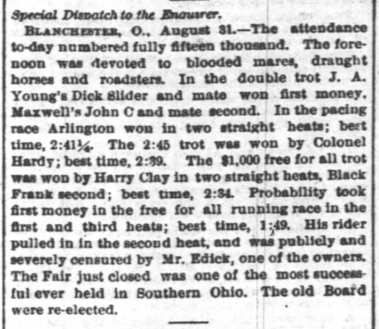 1877. Blanchester Fair Newspaper Article.