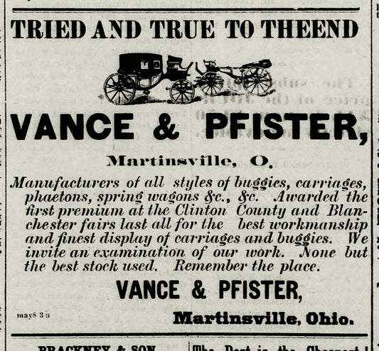 1878. Vance & Pfister Buggies ad. Martinsville.