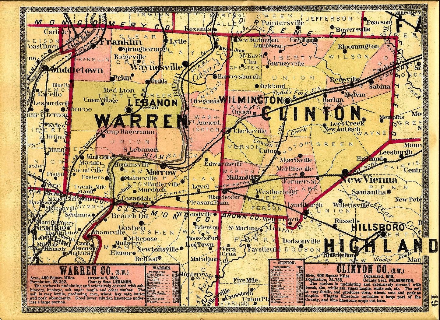 1888. Map of Warren and Clinton Counties.