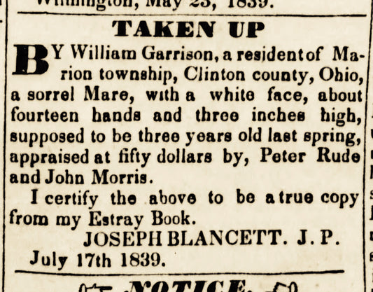 1839. William Garrison "Taken Up" ad.